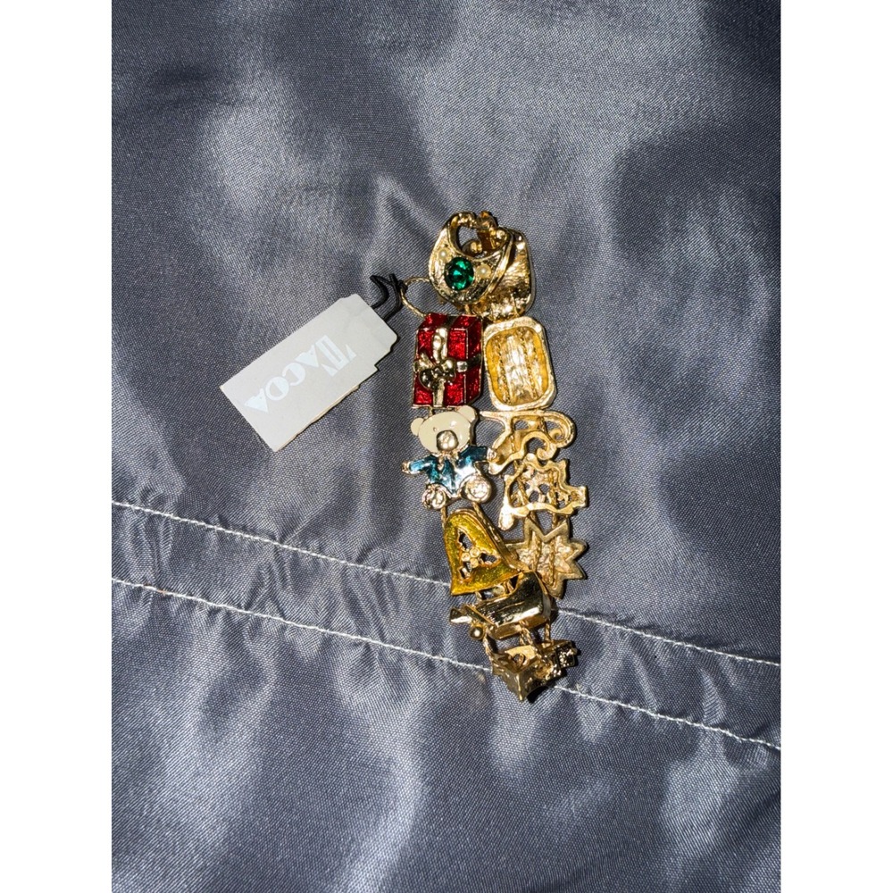 DACOA Christmas Holiday Slide Bracelet Gold Tone Enamel Charms Rhinestone 7.5in